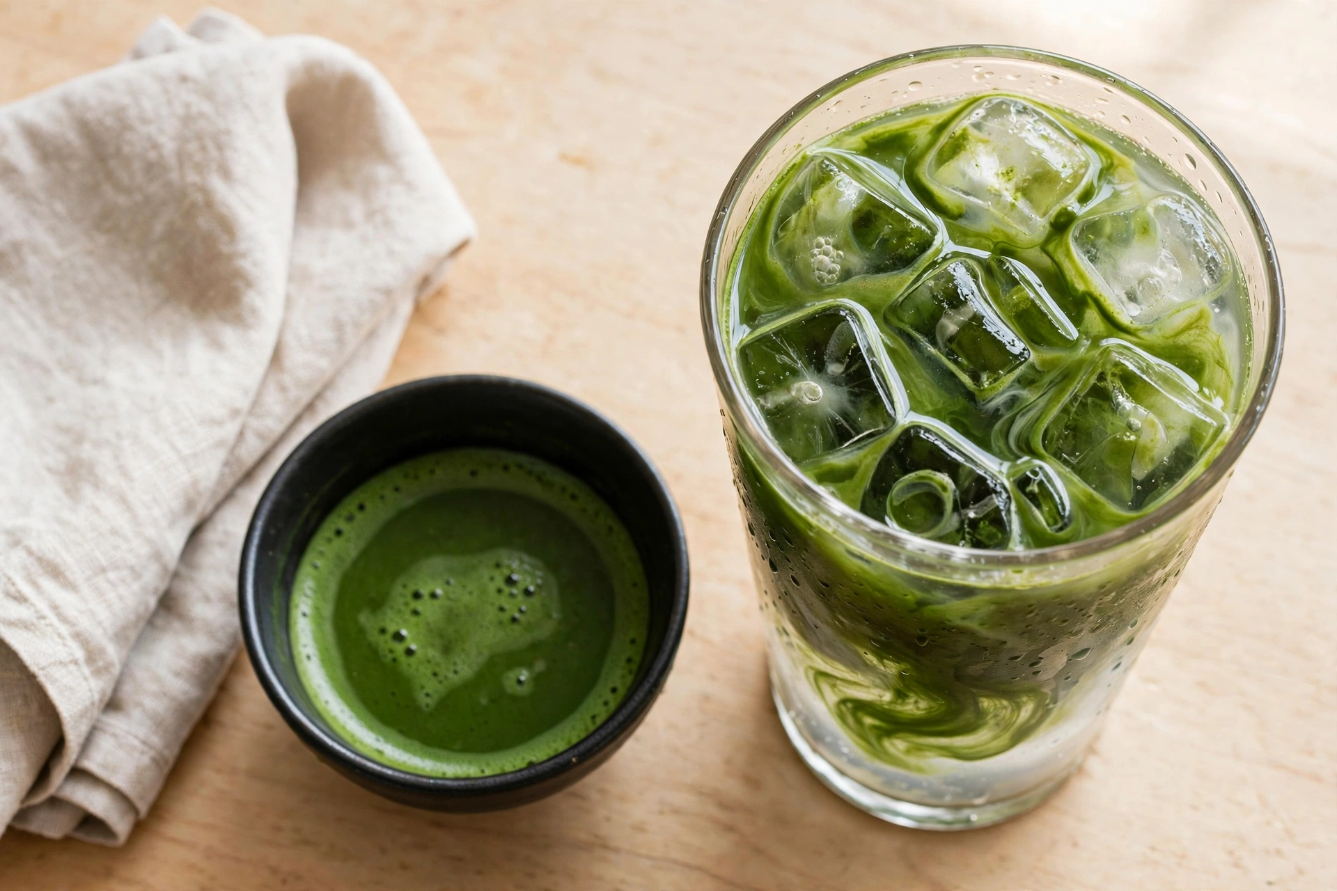 Overhead shot of iced matcha americano beside a small bowl of whisked matcha