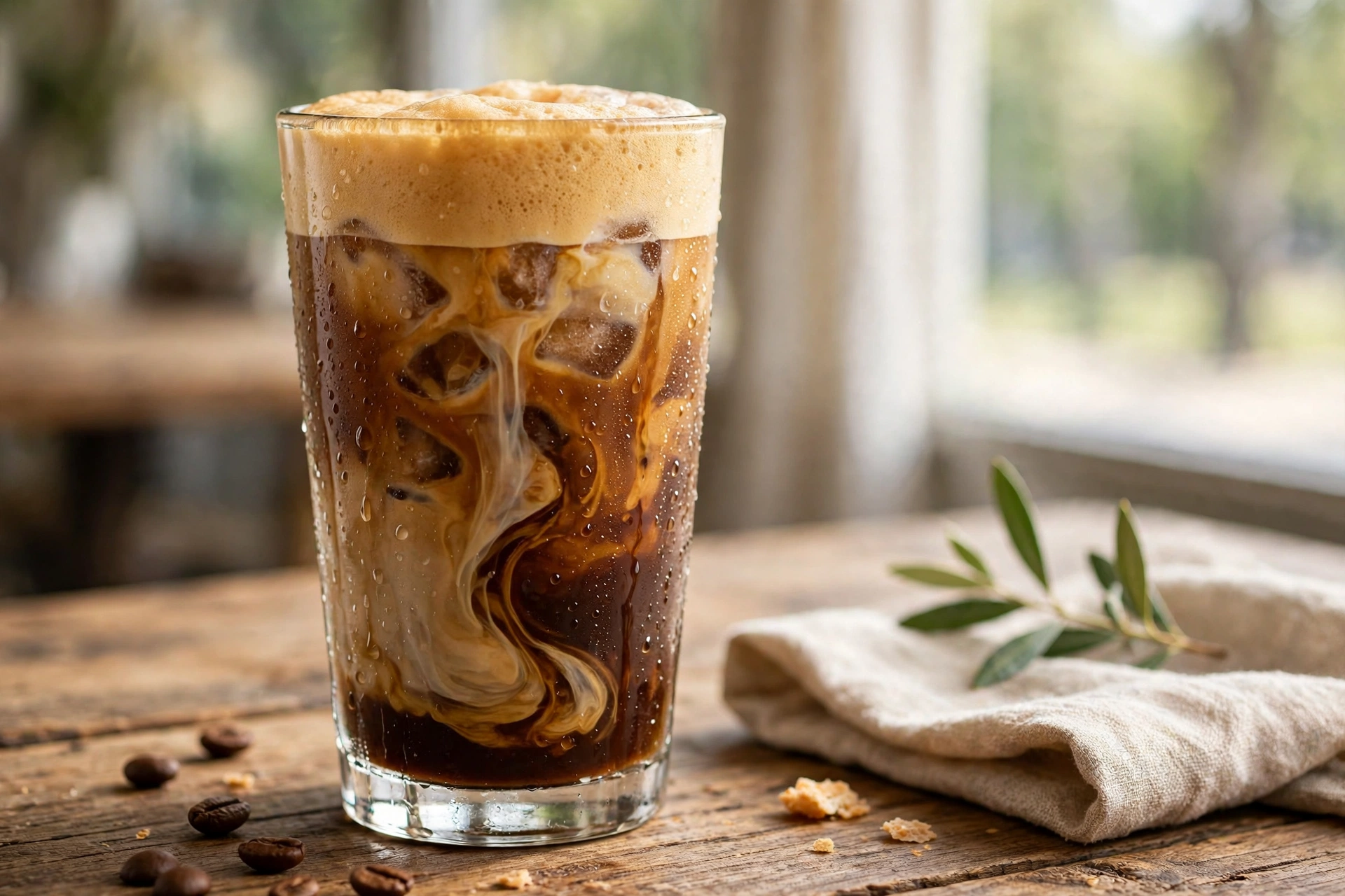 Tall glass of iced shaken espresso with golden froth over ice and a swirl of milk