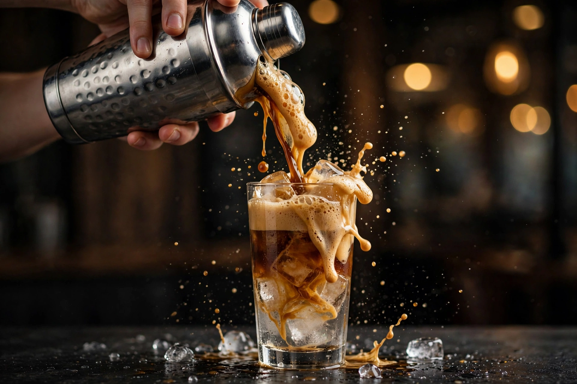 Cocktail shaker pouring frothy shaken espresso over fresh ice into a tall glass