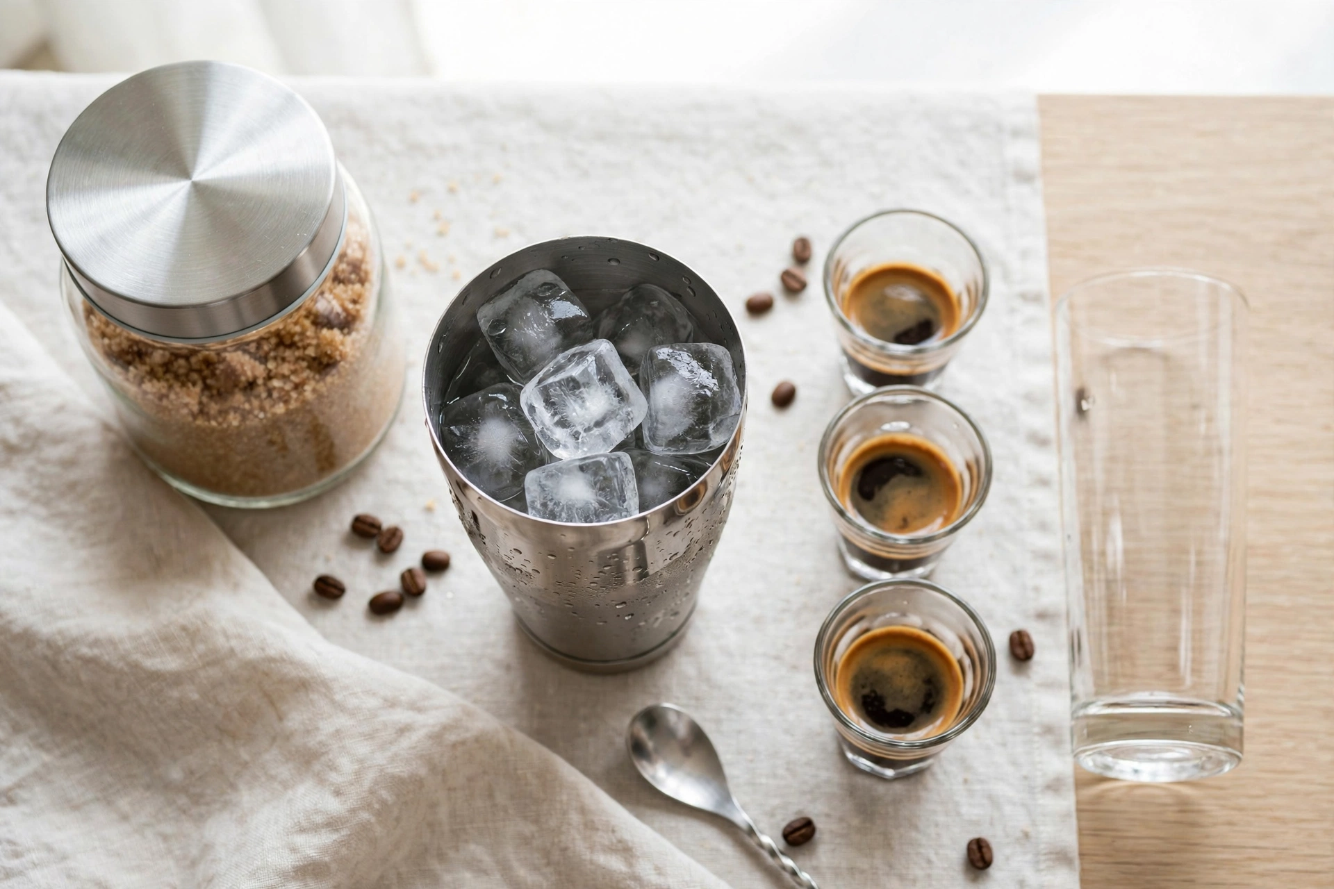 Overhead layout of shaken espresso ingredients: espresso shots, brown sugar, shaker with ice